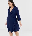 Outrageous Fortune Plus Ruffle Wrap Dress With Fluted Sleeve In Navy - Navy