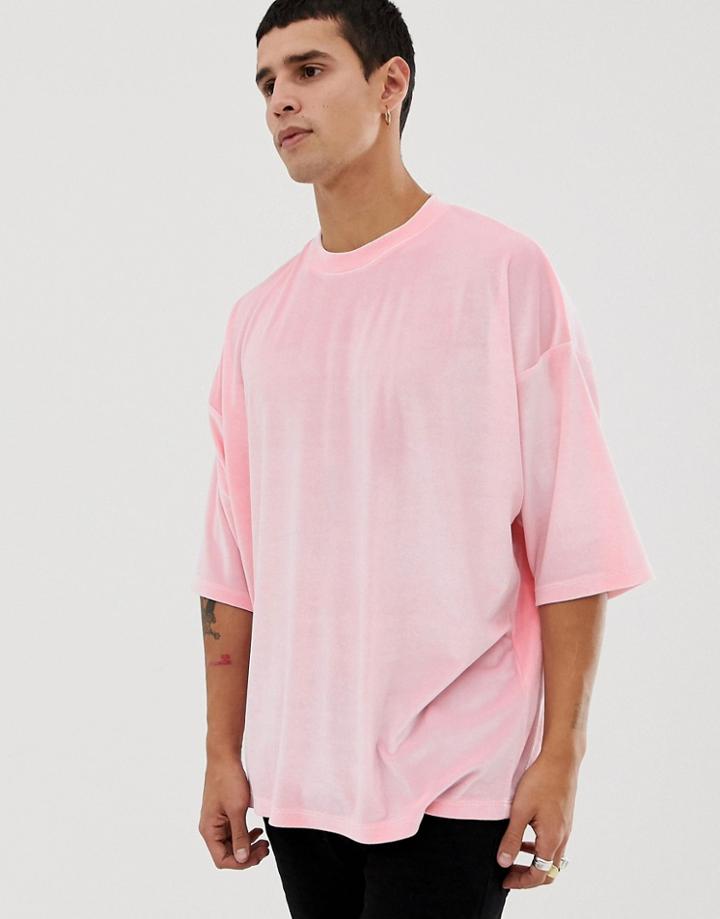 Asos Design Oversized T-shirt With Half Sleeve In Pink Velour - Pink