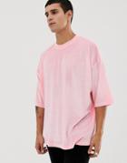Asos Design Oversized T-shirt With Half Sleeve In Pink Velour - Pink