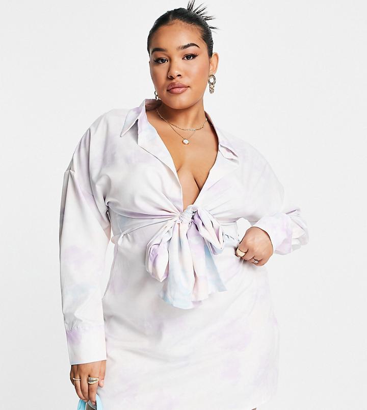 Missguided Plus Tie Front Mini Shirt Dress In Abstract Print-multi
