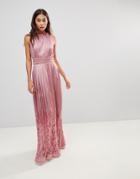 Little Mistress Ruffle High Neck Maxi Dress With Lace Pleated Skirt - Pink