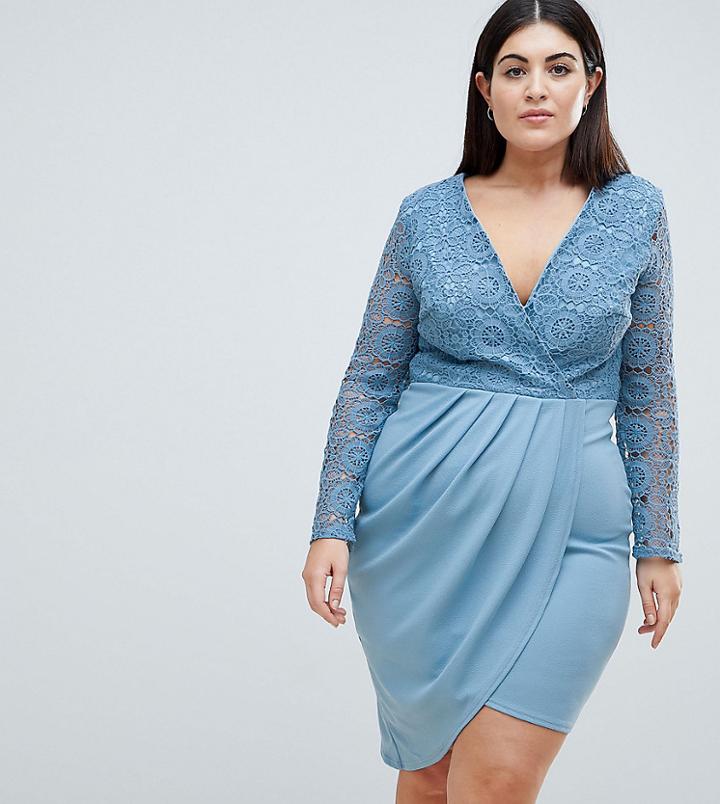 Club L Plus Crochet Detailed Wrap Over Asymetric Dress - Blue