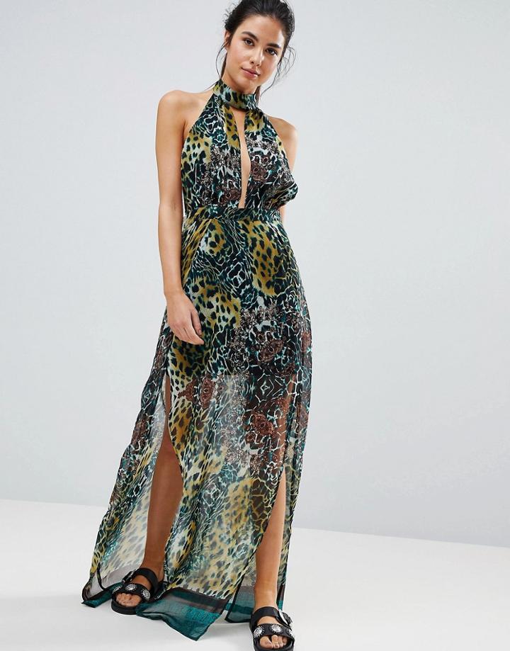 Prettylittlething High Neck Leopard Print Maxi Beach Dress - Green