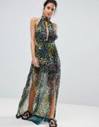 Prettylittlething High Neck Leopard Print Maxi Beach Dress - Green