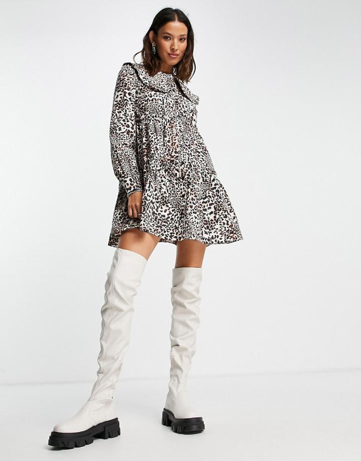 Topshop Collar Mini Shirt Dress In Animal Print-multi