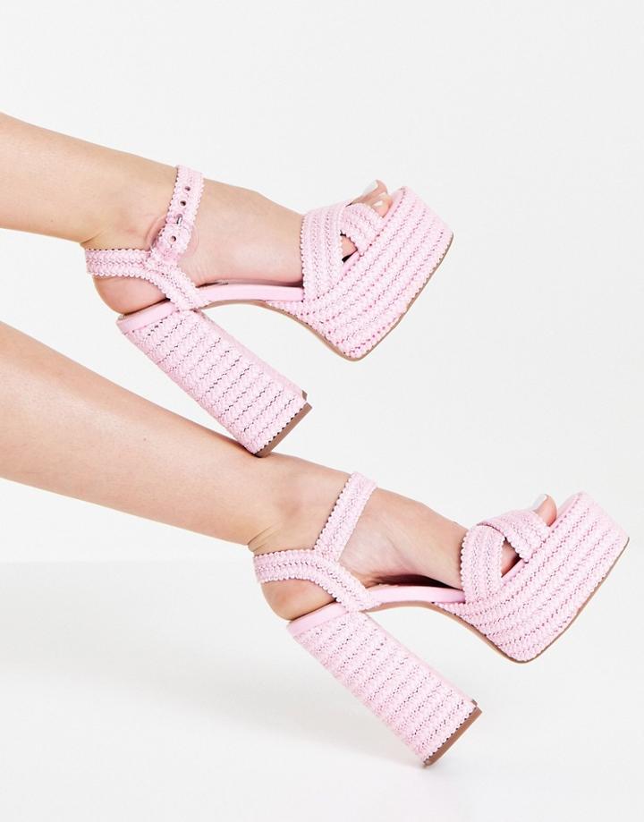 Asos Design Nudge Platform Heeled Sandals In Pink Weave