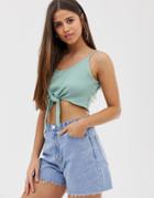 Asos Design Crop Cami In Waffle With Tie-green
