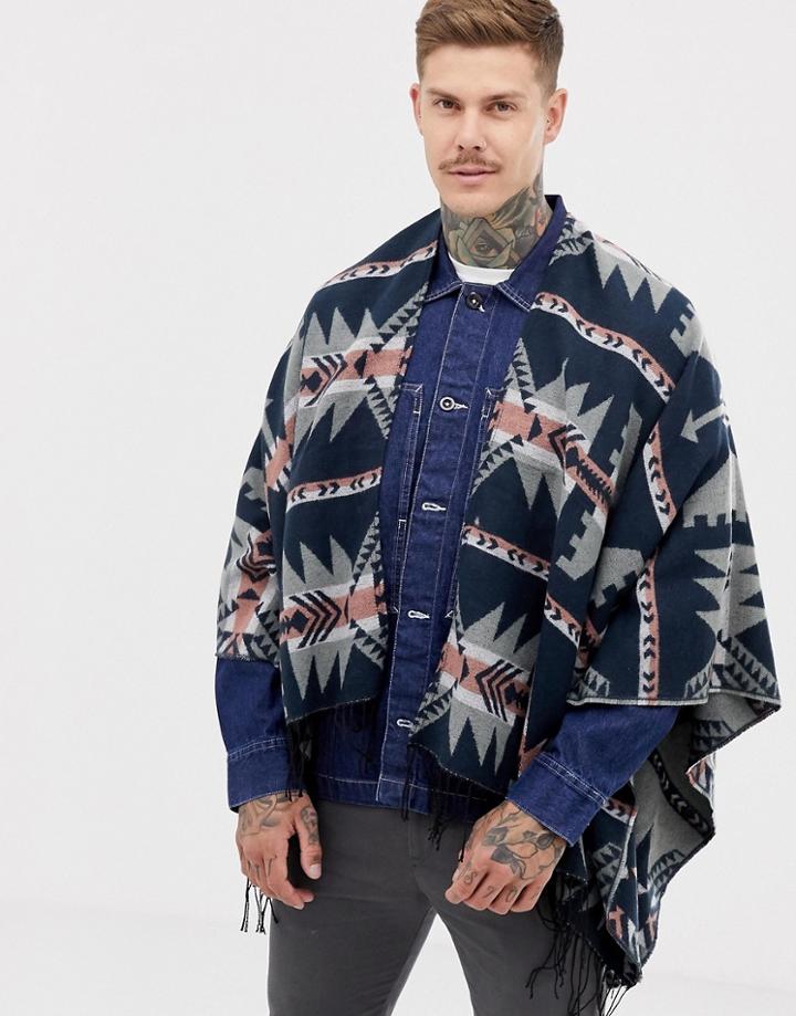 Asos Design Cape In Blue Geo-tribal Design - Navy