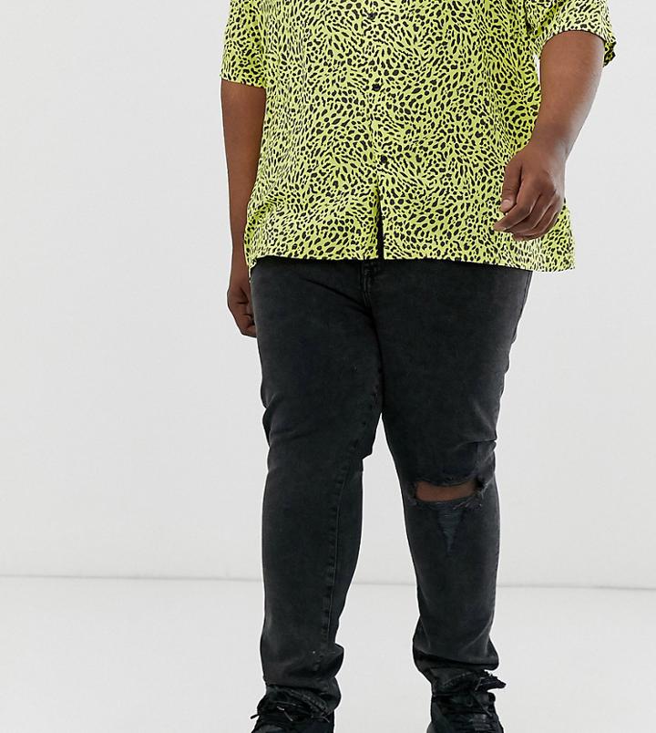 Asos Design Plus 12.5oz Skinny Jeans In Washed Black With Knee Rip And Destroyed Hem