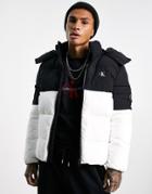 Calvin Klein Jeans Color Block Hooded Puffer Jacket In Black/white