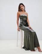 Asos Design Bandeau Maxi Dress In Drape Velvet With Fishtail Hem-green