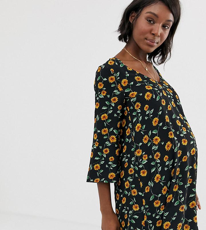Wild Honey Maternity Swing Dress In Sunflower Print - Black
