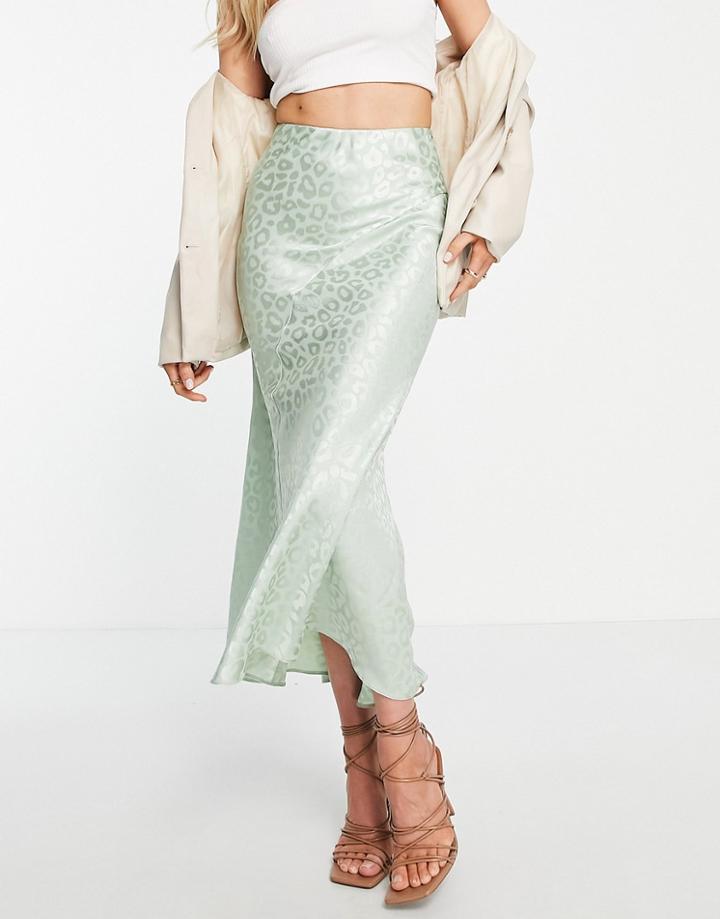 Asos Design Satin Bias Maxi Skirt In Sage Leopard Jacquard-green