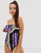 Asos Design Sequin Frill Layer Halter Swimsuit In Multi Color Stripe - Multi