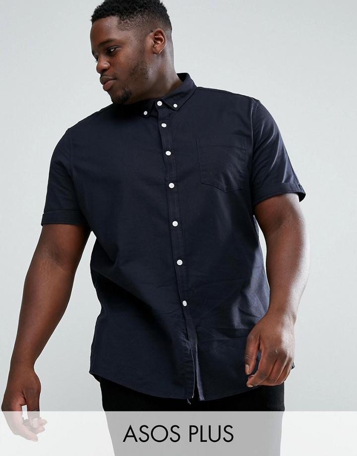 Asos Plus Casual Regular Fit Oxford Shirt In Navy With Short Sleeves - Navy