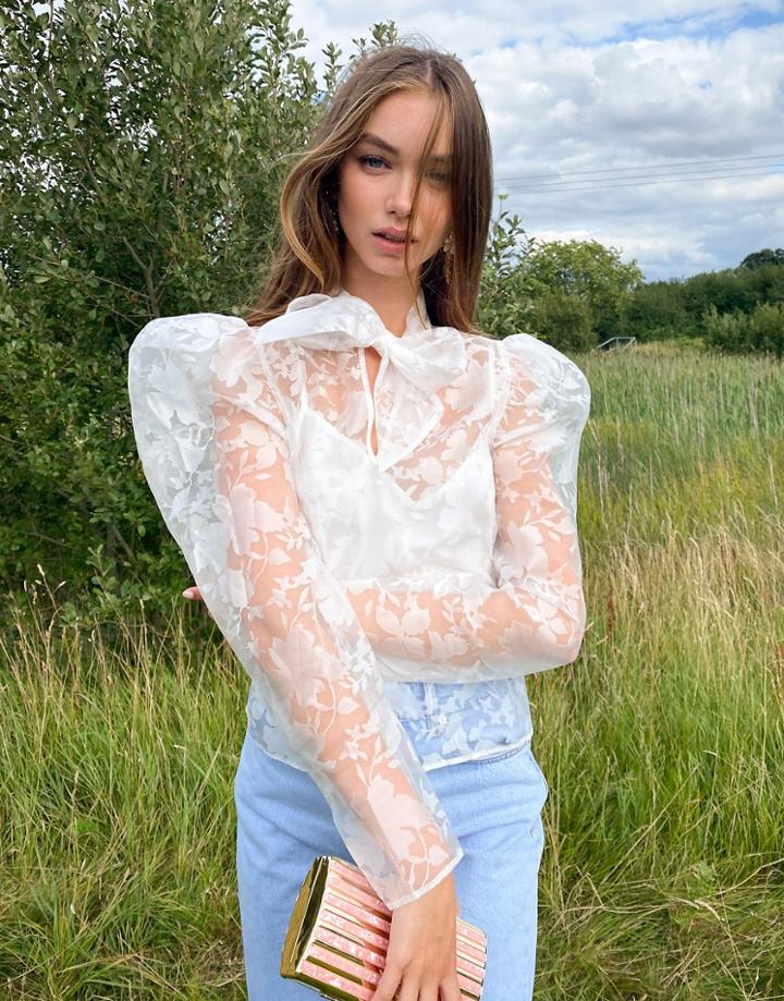 Asos Design Floral Organza Long Sleeve Top With Pussybow In Ivory-white