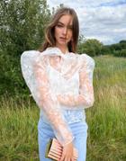 Asos Design Floral Organza Long Sleeve Top With Pussybow In Ivory-white
