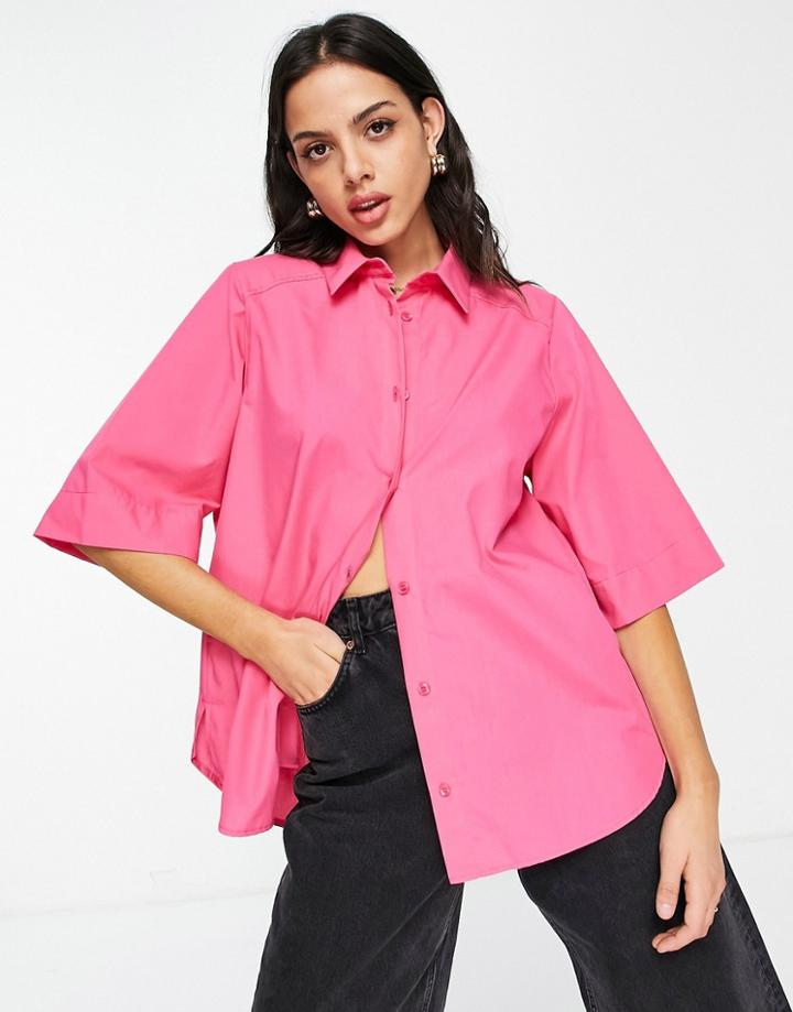 Asos Design Oversized Short Sleeve Shirt With Shoulder Pad In Bright Pink