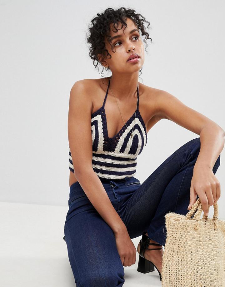Pepe Jeans Duna Crochet Knit Halterneck Crop Top - Navy