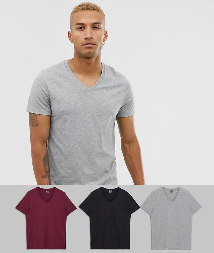 Asos Design 3 Pack T-shirt With V Neck Save-multi
