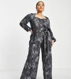 Asos Design Curve Belted Jumpsuit With Volume Sleeves In Snake Print-multi