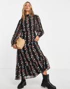 Vila Maxi Dress With High Neck In Floral Paneling-multi
