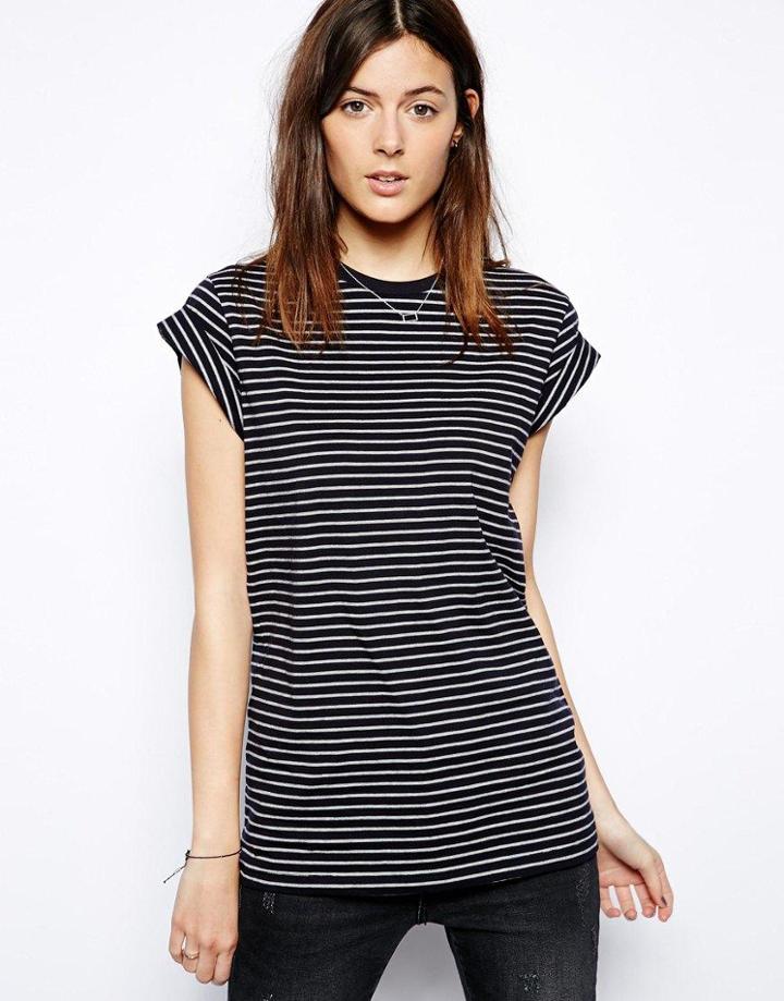 Asos Boyfriend T-shirt With Roll Sleeve In Stripe