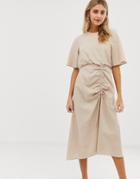 Asos Design Ruched Skirt Midi Dress In Linen - Beige