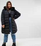Asos Curve Longline Puffer Coat With Faux Fur Trim Hood - Black