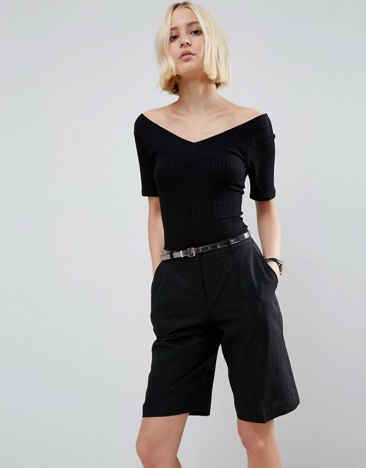 Asos Off Shoulder Top In Rib With V Neck - Black
