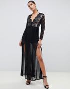 Rare London Maxi Dress With Scalloped Lace Detail In Black - Black
