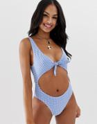 Miss Selfridge Exclusive Swimsuit With Cut Out In Gingham - Blue