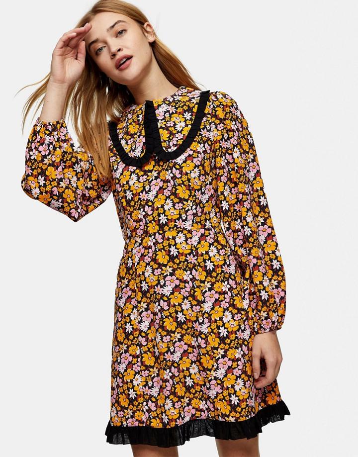 Topshop Oversized Collar Mini Dress In Floral Print-multi