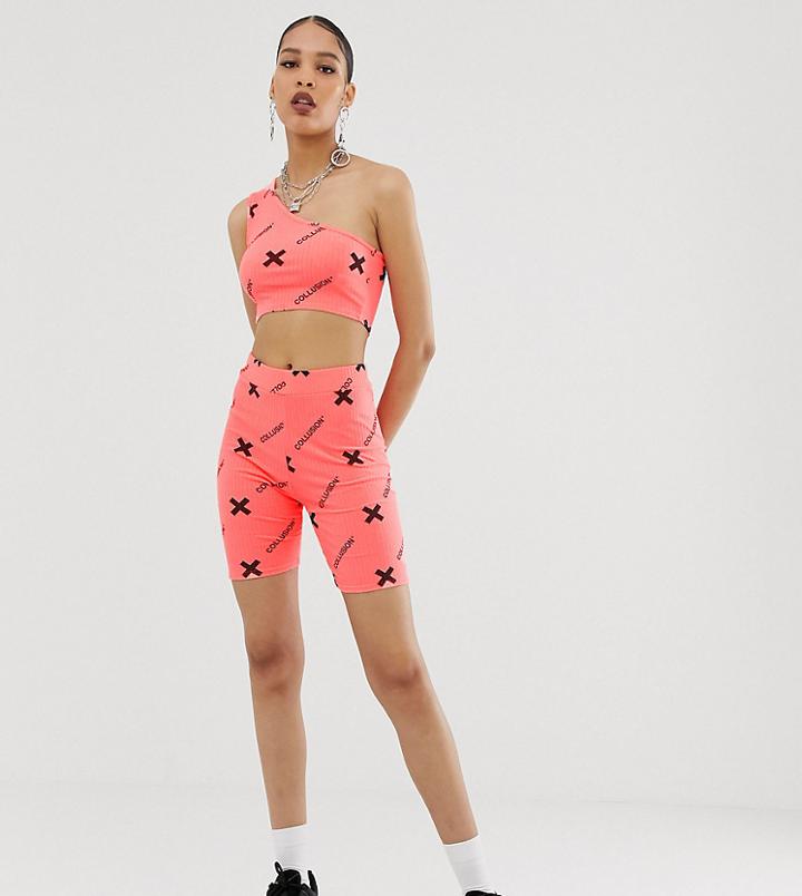 Collusion Printed Rib Legging Shorts-orange