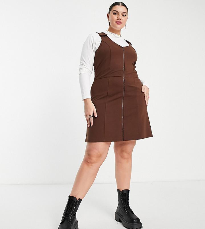 Asos Design Curve Mini Pinafore Dress With Zip Front-brown