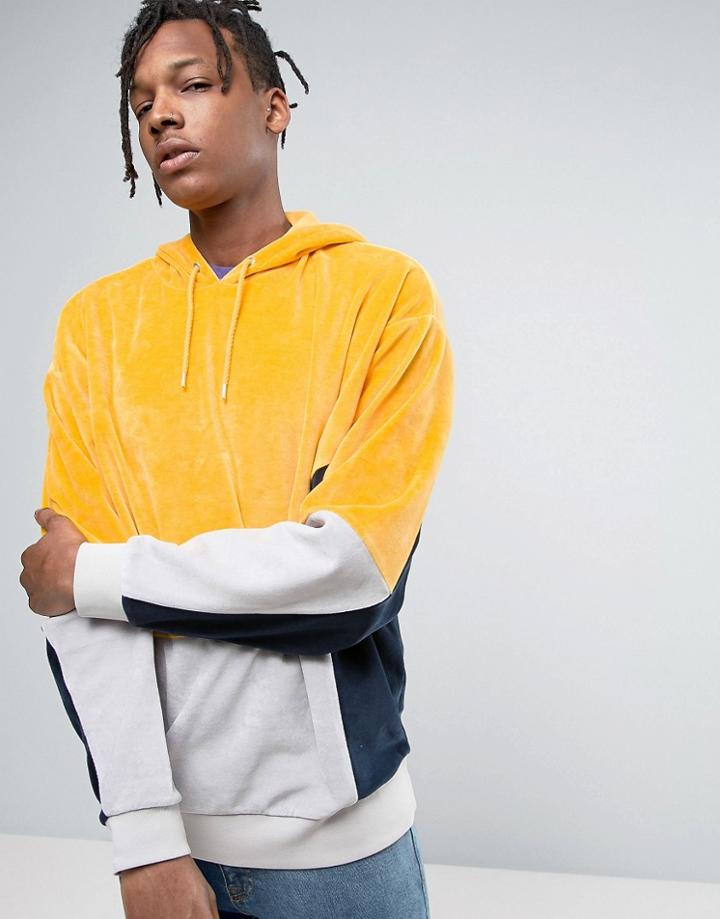 Asos Oversized Cut & Sew Hoodie In Velour - Yellow