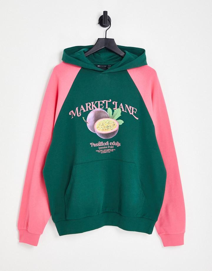 Asos Design Oversized Color Block Hoodie In Green & Pink With Fruit Print-multi