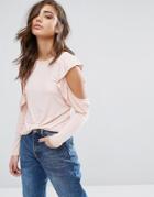 Miss Selfridge Cold Shoulder Ruffle Long Sleeve Top - Pink
