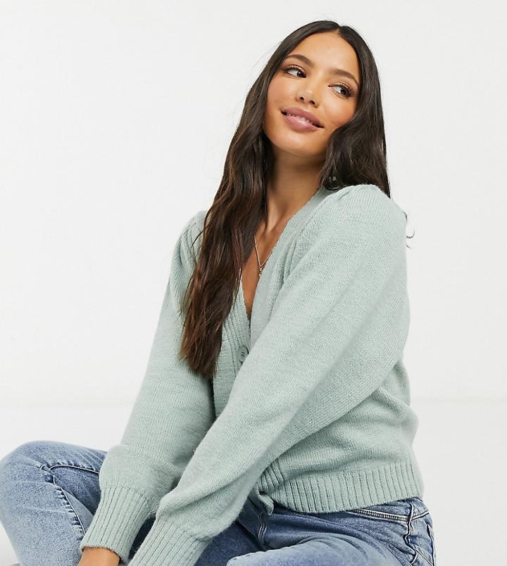 Asos Design Tall V-neck Cardigan With Puff Sleeve In Green