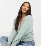 Asos Design Tall V-neck Cardigan With Puff Sleeve In Green