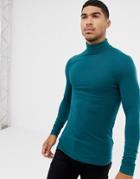Asos Design Muscle Fit Long Sleeve Roll Neck T-shirt With Stretch In Green - Green