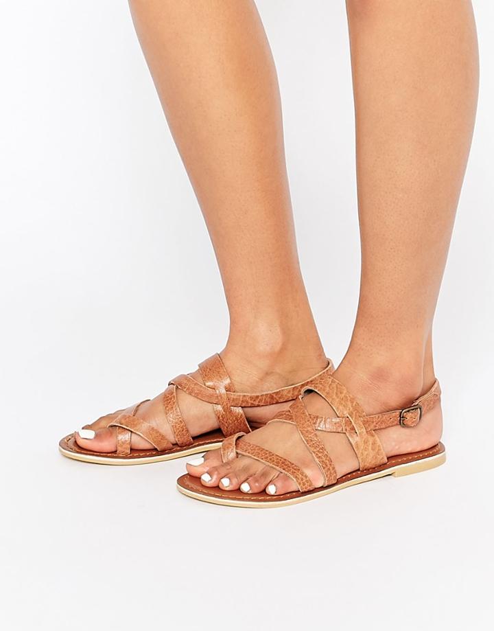 Park Lane Simple Strappy Leather Flat Sandals - Chocolate