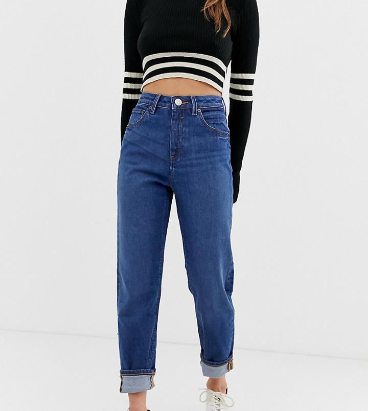 Asos Design Petite Recycled Farleigh High Waist Slim Mom Jeans In Dark Wash - Blue