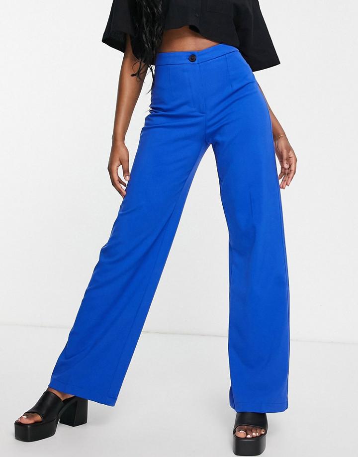 Bershka Wide Leg Slouchy Dad Tailored Pants In Bright Blue