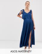Asos Design Maternity Nursing Tie Shoulder Pleated Crop Top Maxi Dress-navy