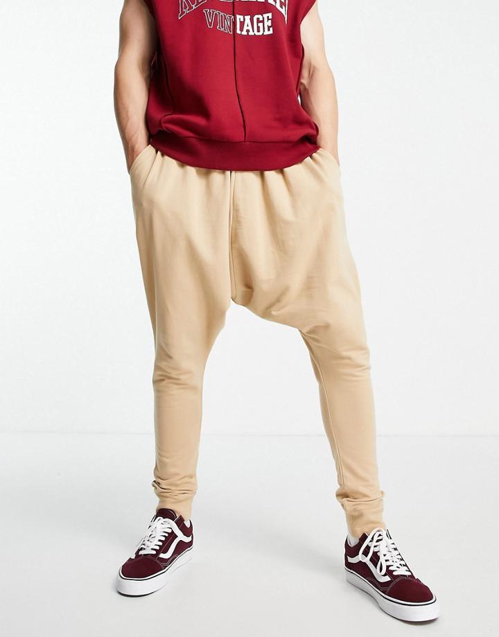 Asos Design Lightweight Drop Crotch Joggers In Beige-neutral