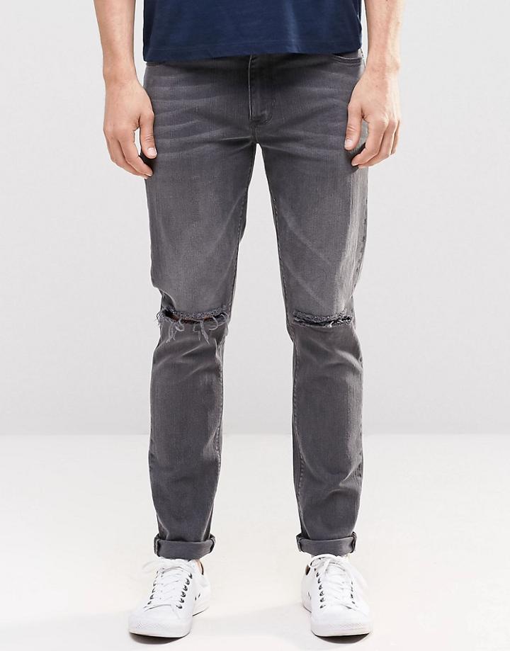 Asos Skinny Jeans With Rips In Washed Black - Washed Black