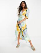 Asos Design Belted Midi Tea Dress In Mixed Floral Print-multi