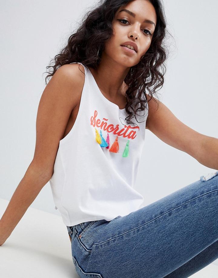 Asos Design Knot Back Sleeveless Top With Senorita Tassel Print - White