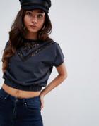 Asos Design T-shirt With Elasticated Hem In Washed Gray With Lace Insert - Gray